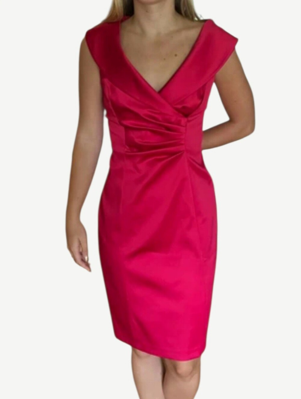 KAY UNGER NEW YORK Ruffle Dress Fuchsia Midi Sheath Satin Cocktail Party Pink 2